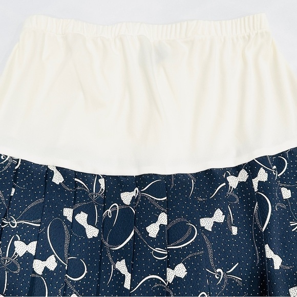 Vintage Allisia Drop Waist Cream Navy Bows Ribbons Printed Pleated Skirt - Picture 3 of 8